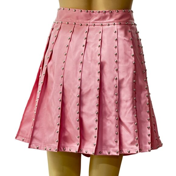 Kiwi Womens Pink Pleated Studded Skirt Faux Leather Mini Size L - Picture 2 of 14